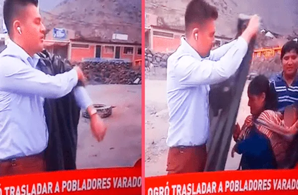 Reportero se quita su capa plástica y se lo regala a madre con su niño cargado en la espalda