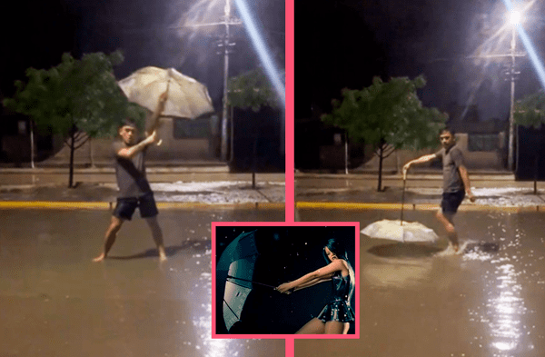 Joven aprovecha la intensa lluvia para sacar los pasos prohibidos a ritmo de Umbrella de Rihanna