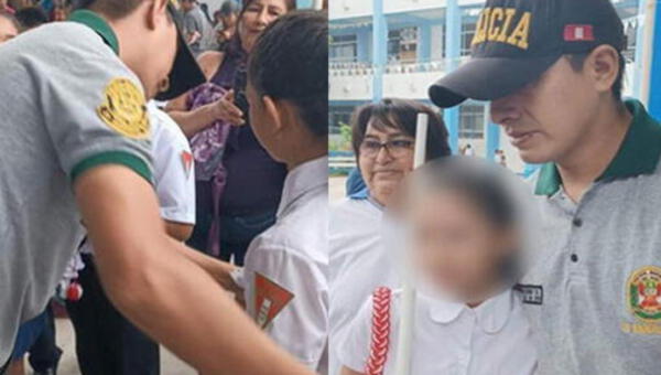 El policía alegró a la niña en su colegio.