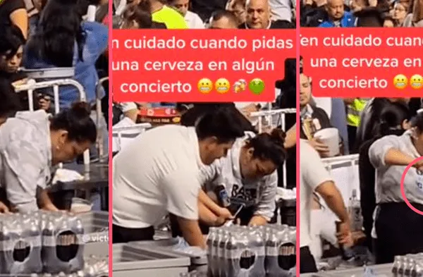 Captan a vendedora llenando vasos de cerveza con las sobras de otras botellas en concierto