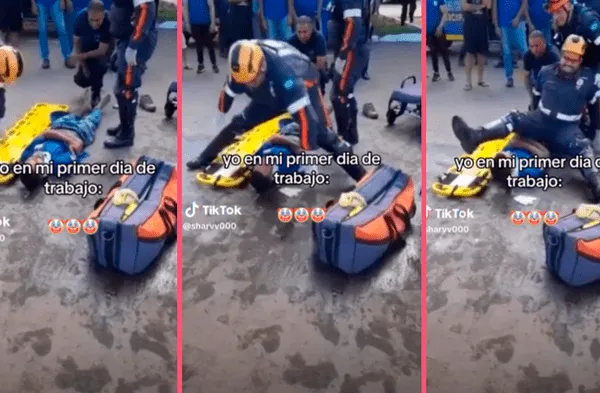 Paramédico intenta trasladar a accidentado; pero se resbala y cae bruscamente sobre él