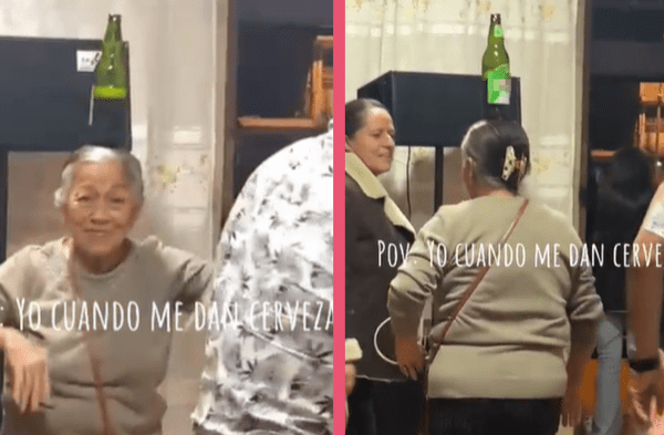 Anciana baila con botella de cerveza en la cabeza
