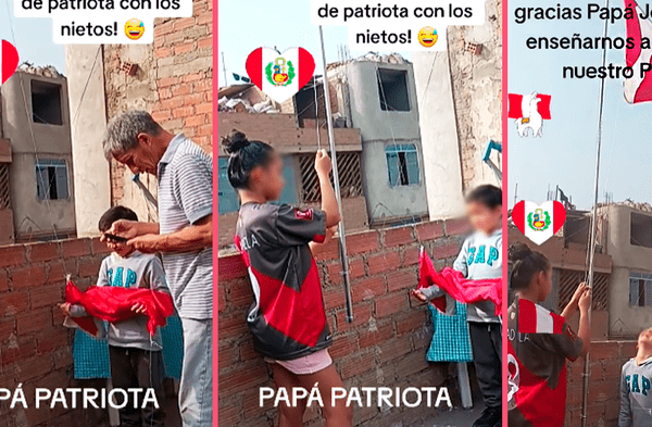 Padre peruano enseña a sus nietos el amor por su patria y realiza solemne izamiento de bandera en su azotea