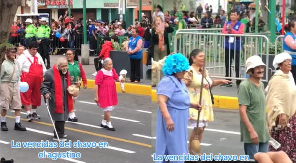 Adultos mayores son ovacionados en desfile por fiestas patrias al marchar vestidos como los integrantes de "El Chavo del 8"