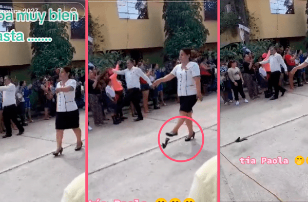 Profesora que desfilaba por Fiestas Patrias pierde parte de su zapato y escena es viral