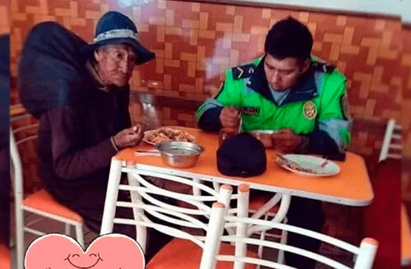 Policía peruano invita almuerzo a indigente después de que otras personas lo botaran: "Dios le multiplique"