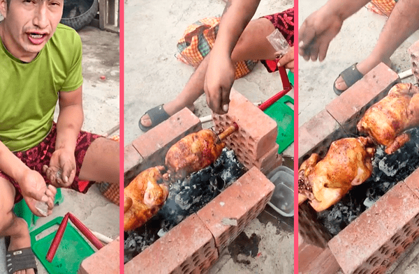 Peruano cautiva a todo TikTok con ingeniosa parrilla para asar pollo a base de ladrillos
