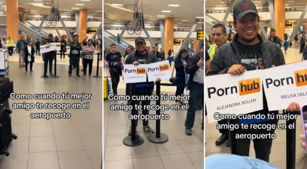 Peruano sorprende en TikTok al recoger a sus amigas en el aeropuerto con cartel de página para adultos