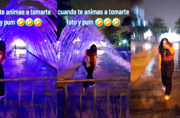 Joven llega al Circuito Mágico del Agua para tomarse fotos, pero algo sale mal y termina mojada