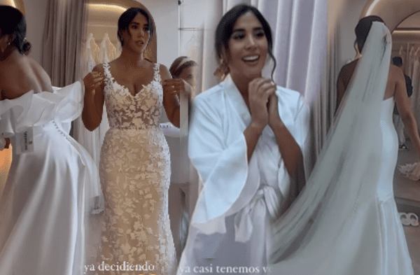Melissa Paredes escoge emocionada su vestido de novia