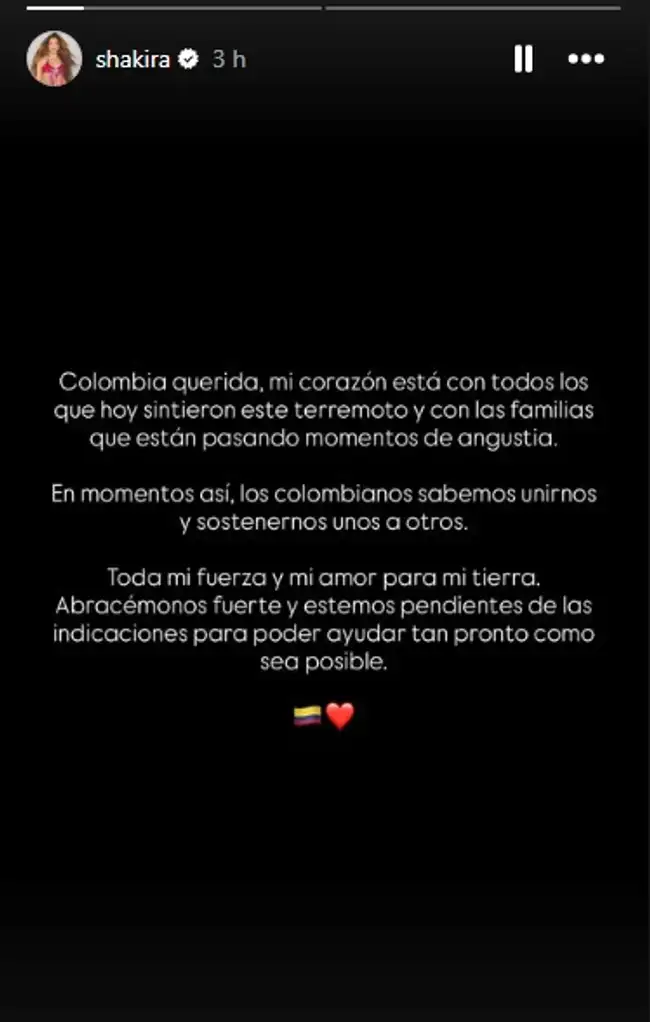 Shakira no dudó es compartir su sentir sobre el terremoto en Colombia.  