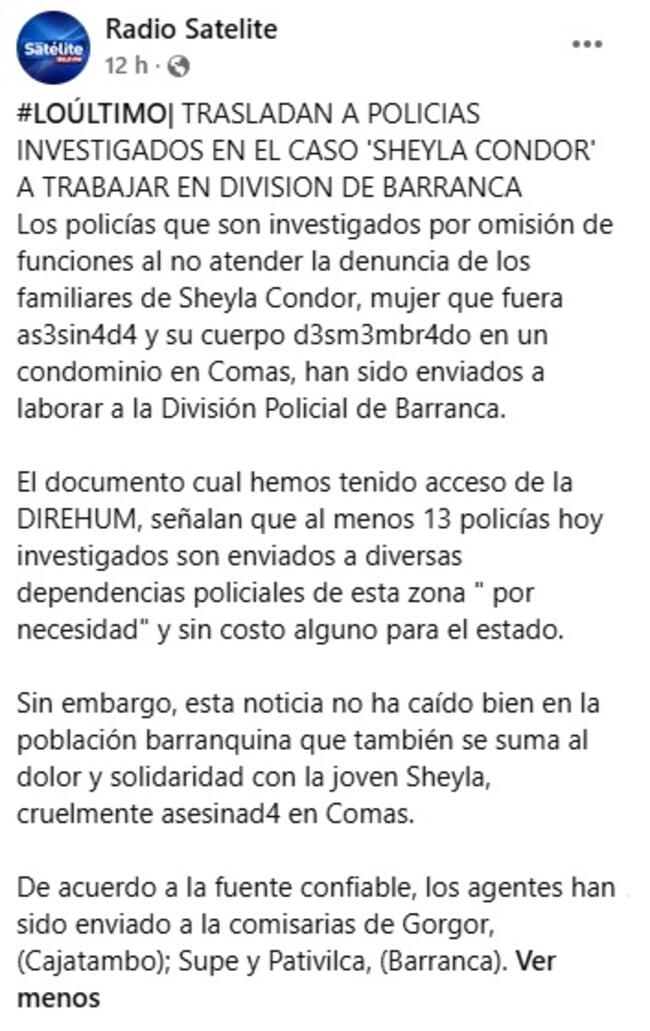 Policías investigaciones por omisión de funciones en el caso de Sheyla Condor fueron derivados a Barranca, según informó el medio local Radio Satélite.   