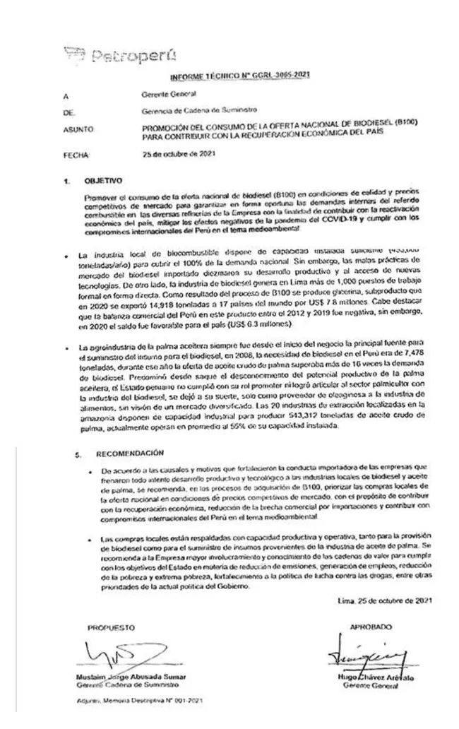 Informe presentado por Muslaim Abusada y aprobada por Hugo Chávez, gerente general de Petroperú.   