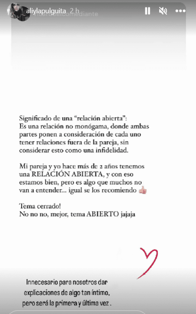 Respuesta de Alicia Aparcana, pareja de Ricardo Mendoza, confirmando relación abierta con el comediante. 