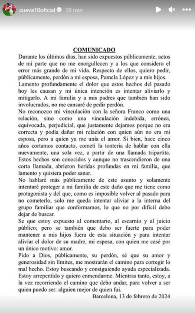  Comunicado de Christian Cueva tras declaraciones de Pamelo Franco.  