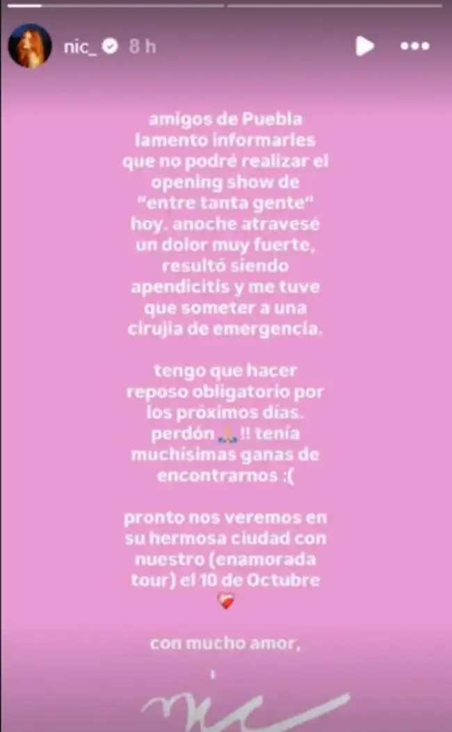 Nicole Zignago compartió su estado salud en sus redes sociales. Nicole Zignago compartió su estado salud en sus redes sociales.