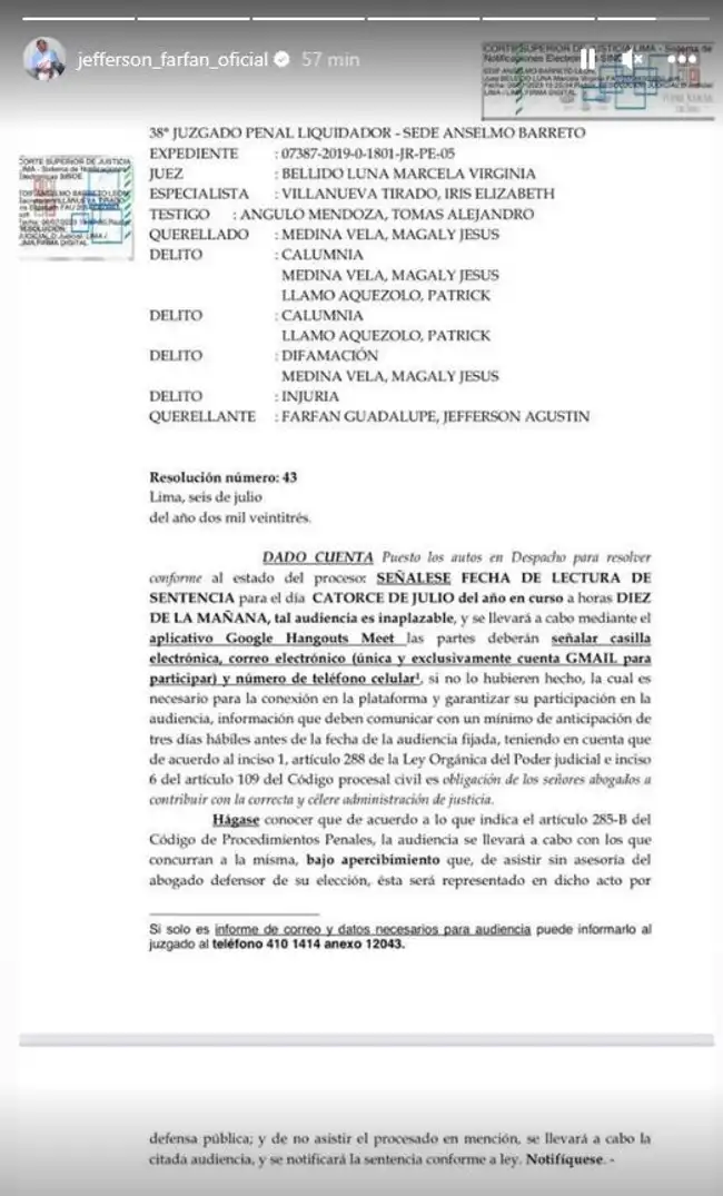Jefferson Farfán publicó fecha de lectura de sentencia a Magaly Medina.   