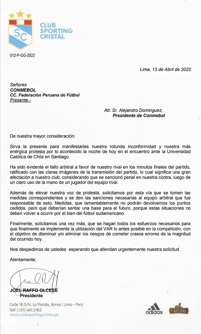 Sporting Cristal y su carta de protesta ante Conmebol   