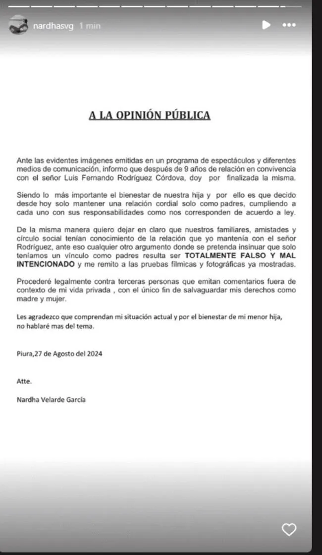 Comunicado de amiga de Pamela López. Fuente: Captura de Instagram.   