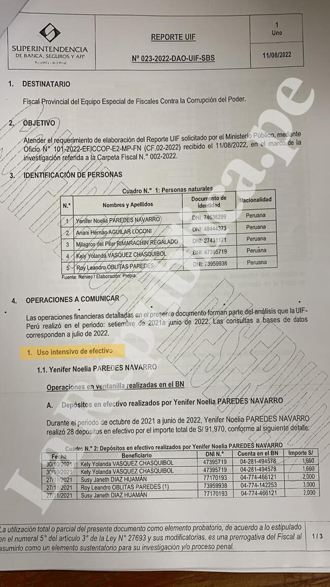 Informe de la UIF difundido por La República.   