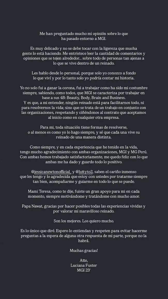 Comunicado de Luciana Fuster (Instagram) Comunicado de Luciana Fuster (Instagram)