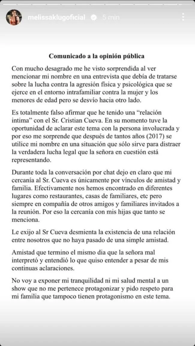 Este fue el comunicado de Melissa Klug sobre las afirmaciones de Pamela López. Fuente: Captura de Instagram.   