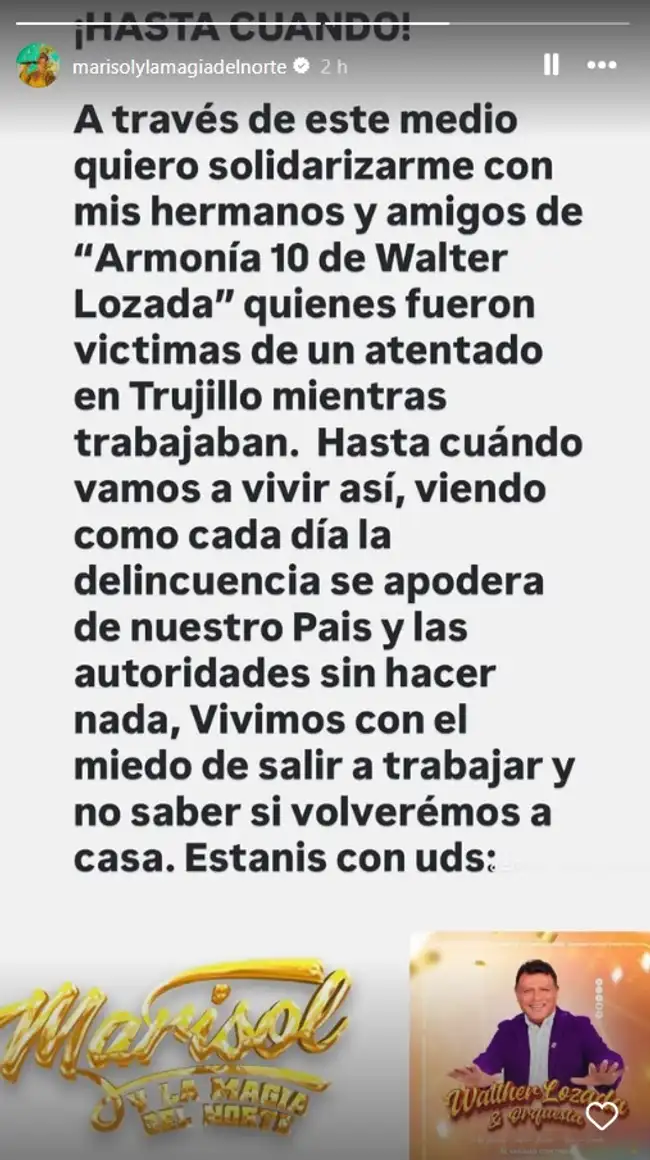 La cantante Marisol también se pronunció tras nuevo atentado contra el grupo Armonía 10. Fuente: Captura de IG   
