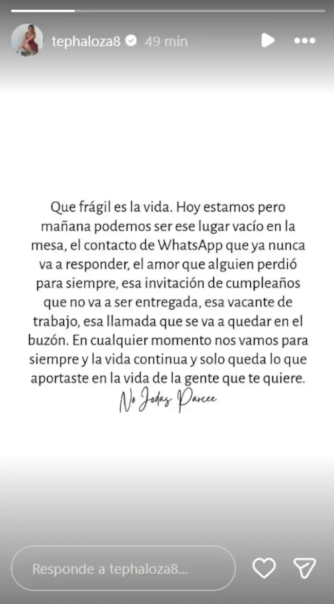 Tepha Loza compartió un sentido mensaje en sus redes sociales. Tepha Loza compartió un sentido mensaje en sus redes sociales.