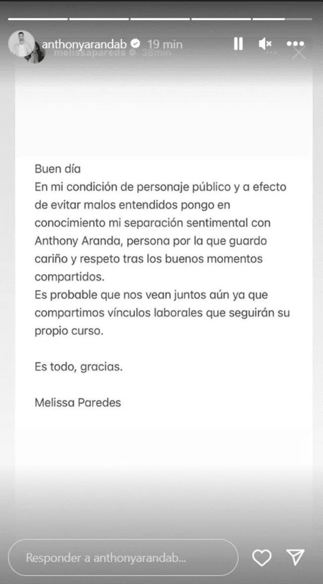 Anthony Aranda se pronuncia luego que Melissa Paredes comunicara el fin de su relación   