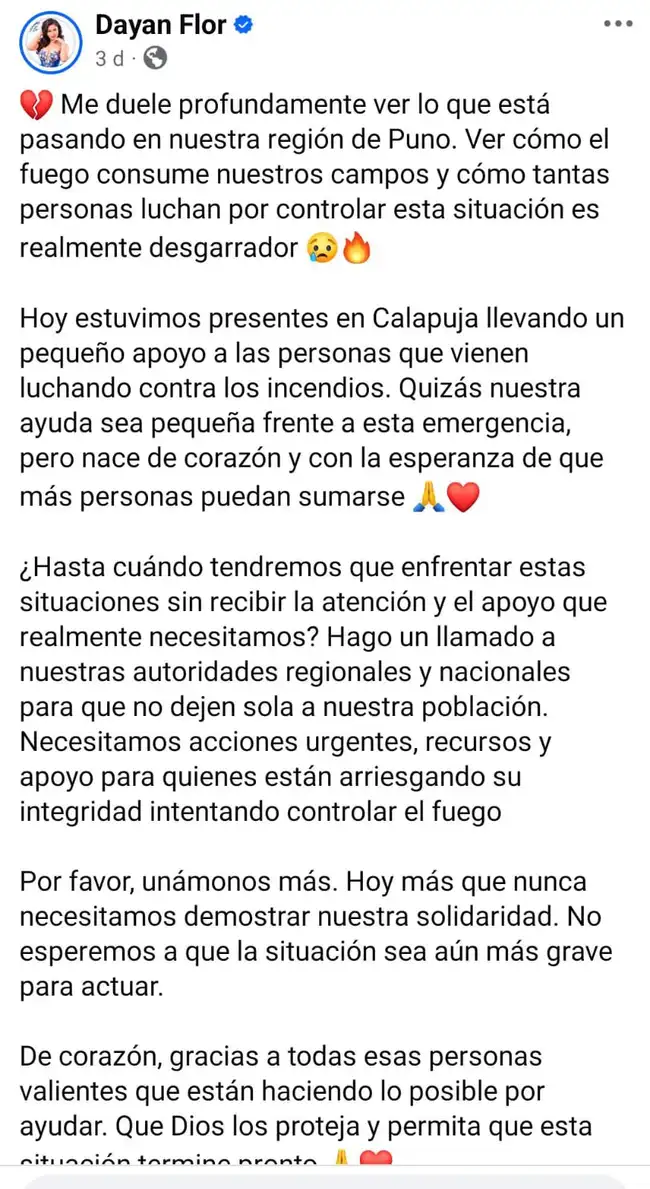 La cantante expresó su sentir sobre la situación en Puno. La cantante expresó su sentir sobre la situación en Puno.