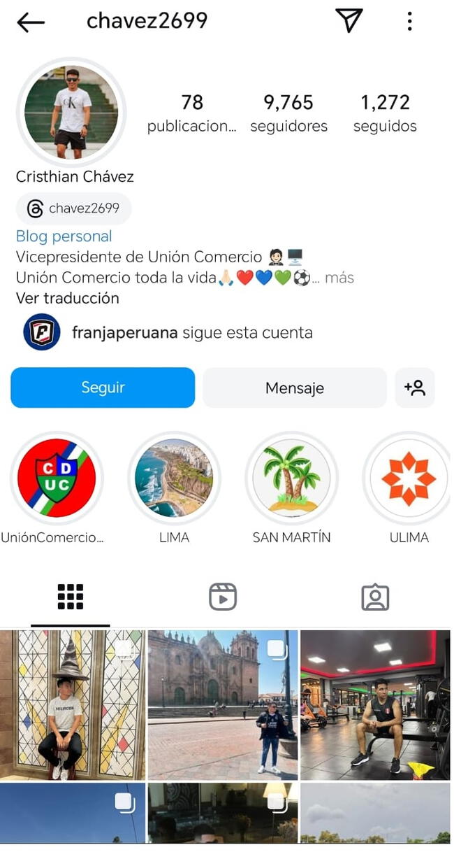 Cuenta de Instagram de Cristhian Chávez, en donde consigna ser vicepresidente de Unión Comercio.   