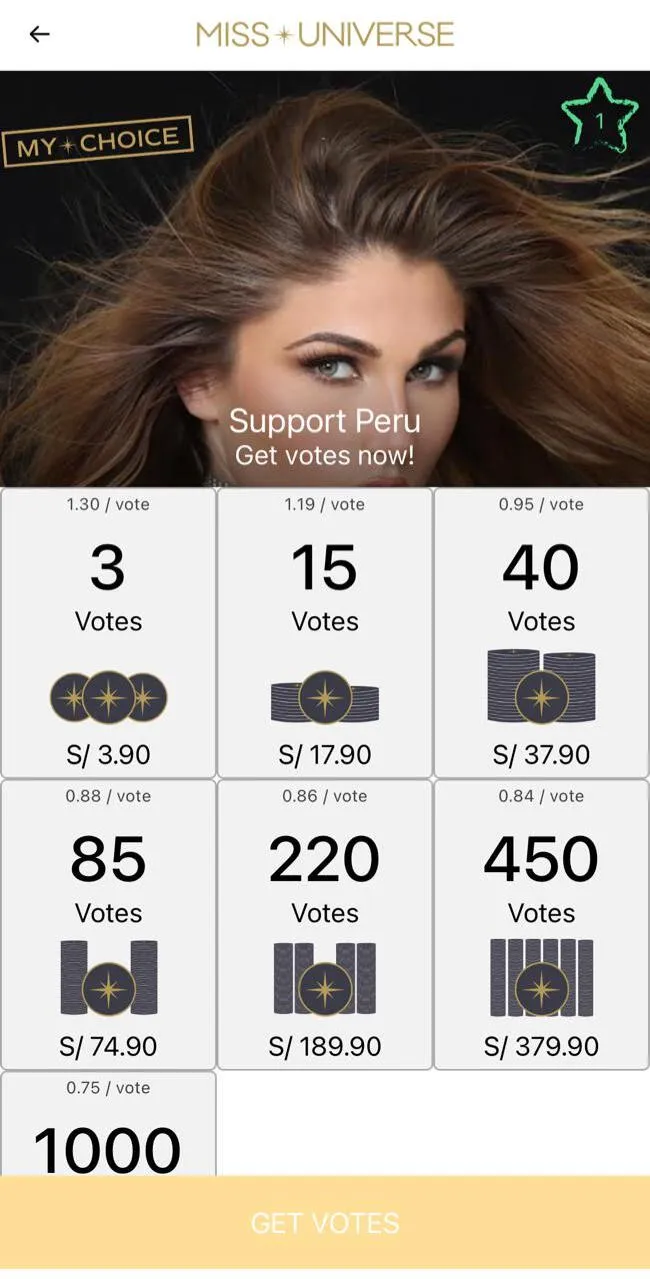 Precio establecido por cada voto en la etapa semifinal del gran evento Miss Universo 2023. (Foto: captura de pantalla / Aplicación Miss Universo) 