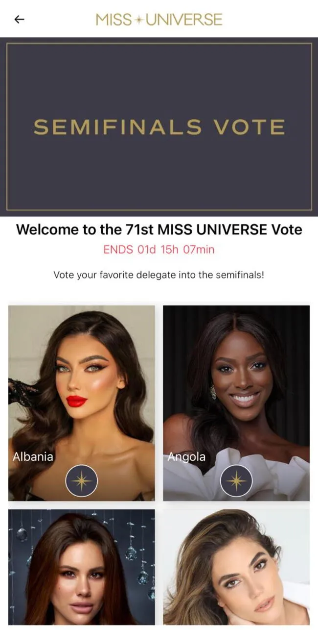 La plataforma de Miss Universo 2023 cuenta con un apartado de Semifinal Voto para elegir a la favorita. (Foto: captura de pantalla / Aplicación Miss Universo)   
