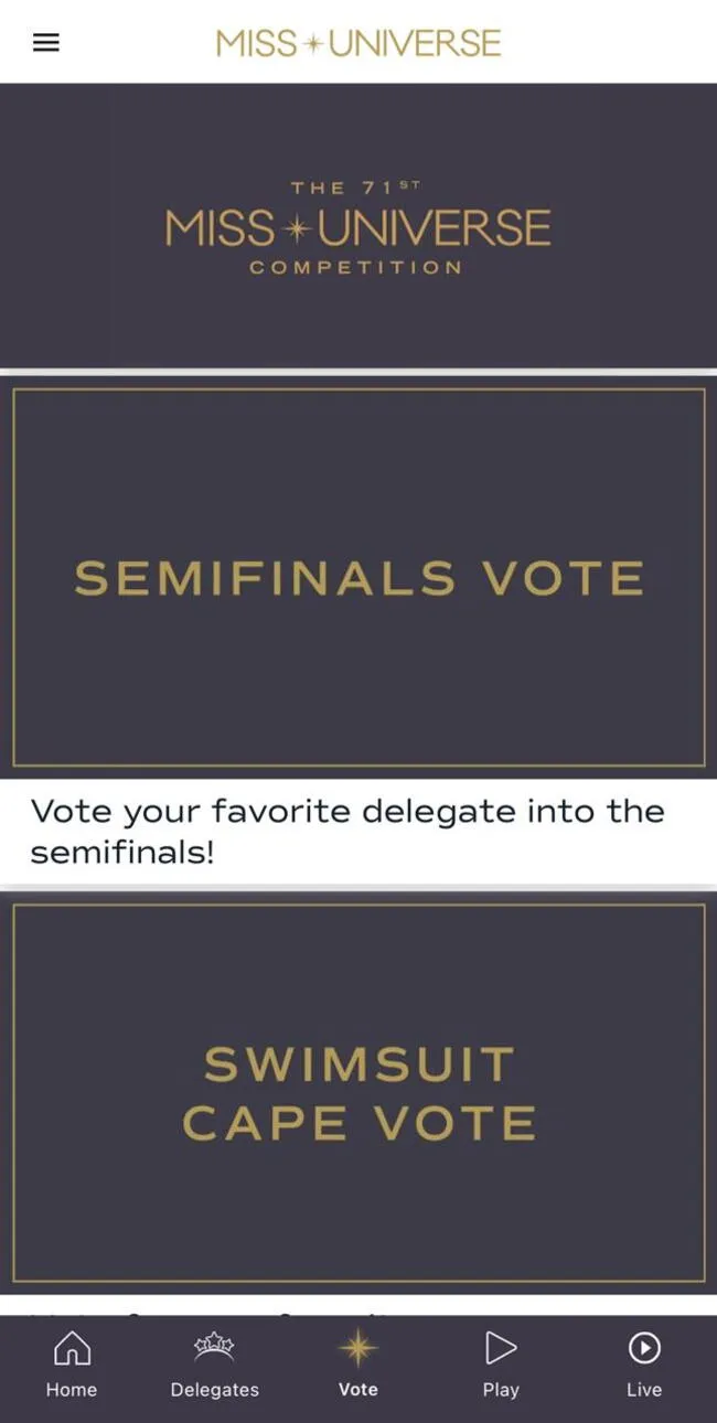 En el apartado de 'voto' se puede observar la primera opción de 'Semifinals Vote', donde se encuentran las participantes del concurso. (Foto: captura de pantalla / Aplicación Miss Universo)   