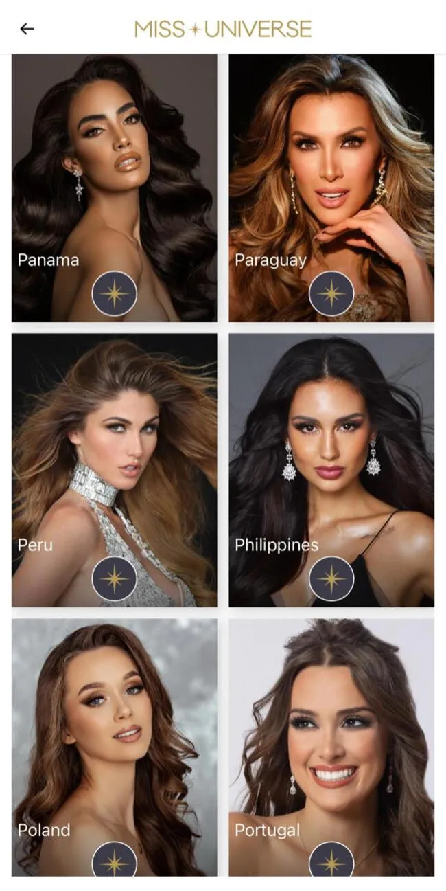 El aplicativo de Miss Universo 2023 muestra a las 71 participantes del concurso de belleza. (Foto: captura de pantalla / Aplicación Miss Universo)   