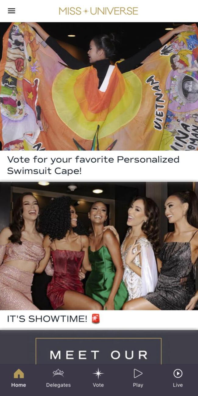 El aplicativo de Miss Universo brinda la opción de voto para los seguidores del certamen. (Foto: captura de pantalla / Aplicación Miss Universo)   