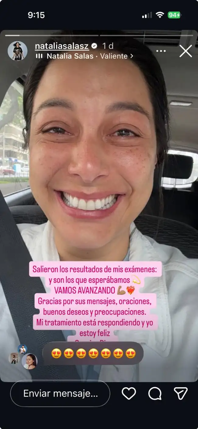 Natalia Salas revela que su tratamiento está respondiendo. Natalia Salas revela que su tratamiento está respondiendo.