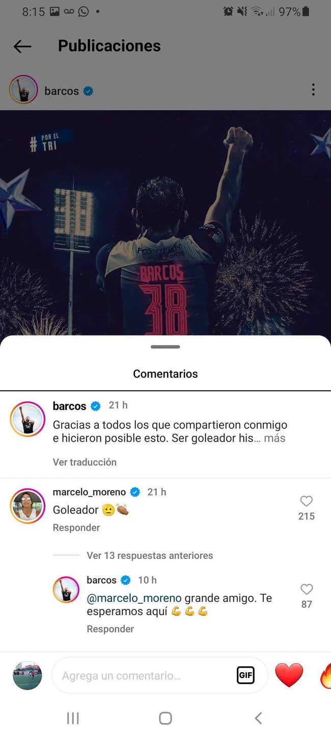 Mensaje de Marcelo Martins Moreno a Hernán Barcos.   