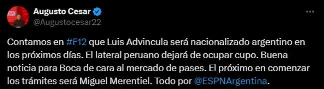 Luis Advíncula se nacionalizará argentino.   