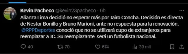 Información sobre Jairo Concha, ex jugador de Alianza Lima.   