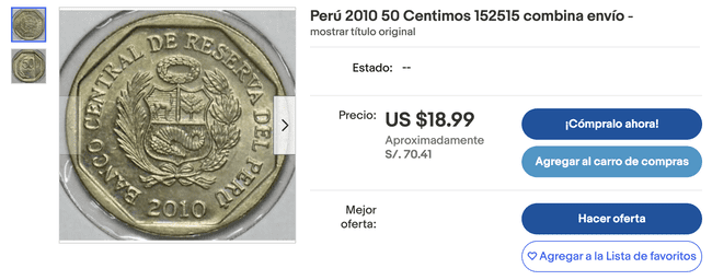 La moneda de 50 céntimos del año 2010 es vendida en más de 18 dólares.   