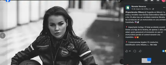 Ksenia Dobromilova, una destacada actriz, modelo y fotógrafa rusa de 34 años, fallecida tras ser atropellada durante una grabación en Moscú. Ksenia Dobromilova, una destacada actriz, modelo y fotógrafa rusa de 34 años, fallecida tras ser atropellada durante una grabación en Moscú.