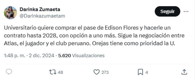 Edison Flores busca permanecer en Universitario.   