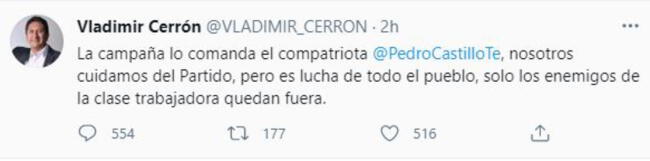<em>Twitter de Vladimir Cerrón.</em>   