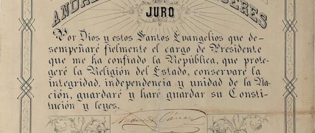 Pergamino de juramentación de don Andrés Avelino Cáceres como presidente del Perú en 1894.   