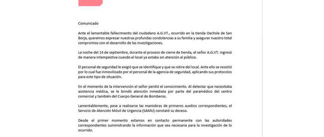 Comunicado de Oechsle por el fallecimiento de Alex Vera.   