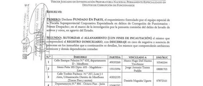 Documento que certifica allanamiento de los inmuebles involucrados a Susana Villarán.   