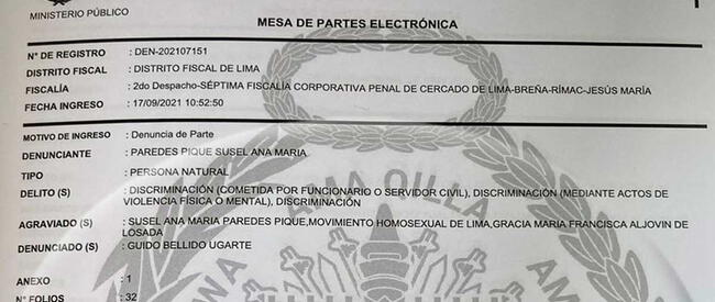 Documento del Ministerio Público que constata la denuncia de Susel Paredes contra Guido Bellido.   