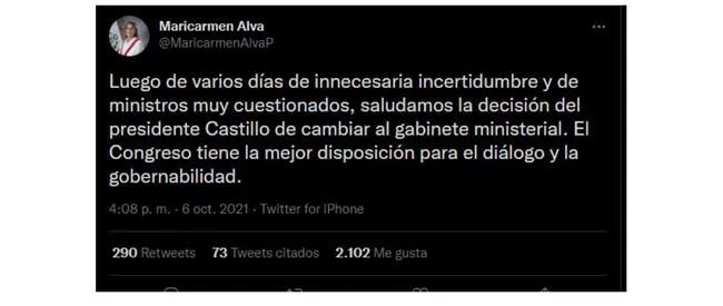 Maricarmen Alva y su mensaje tras la renuncia de Guido Bellido   