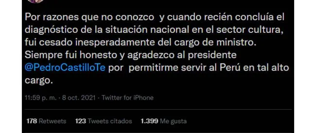 Mensaje de Ciro Gálvez en su cuenta de Twitter.   